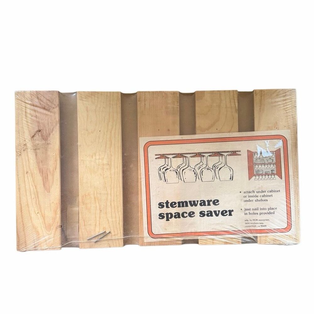 Vintage Wooden Under Cabinet Stemware Space Saver Wine Glass Holder Rack NIP